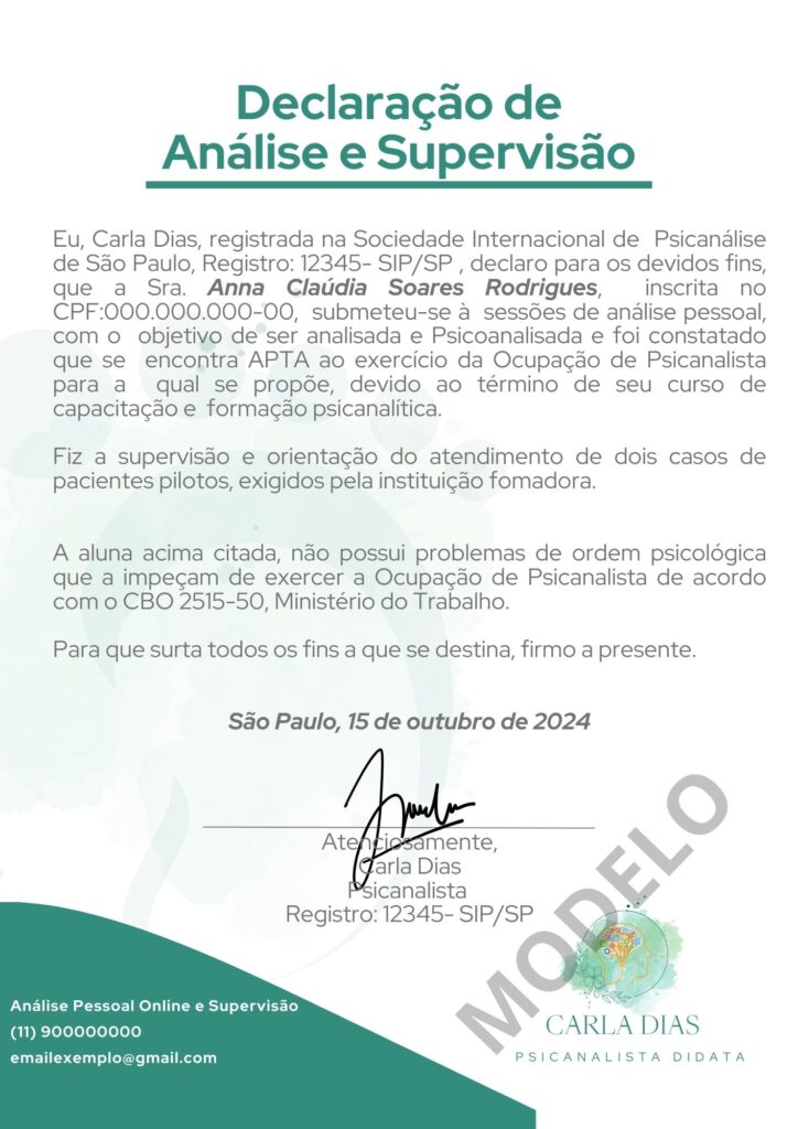 modelo de declaração de análise e supervisão em psicanálise
