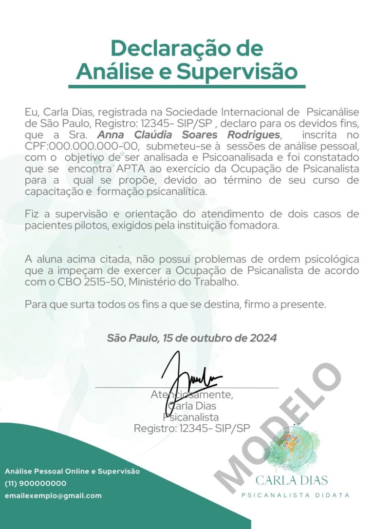 modelo de declaração de análise e supervisão em psicanálise